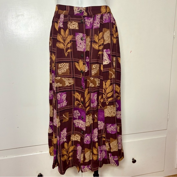 Sag Harbor Dresses & Skirts - Vintage 90s Sag Harbor Brown Purple Boho Paisley Button Up Rayon Midi Skirt